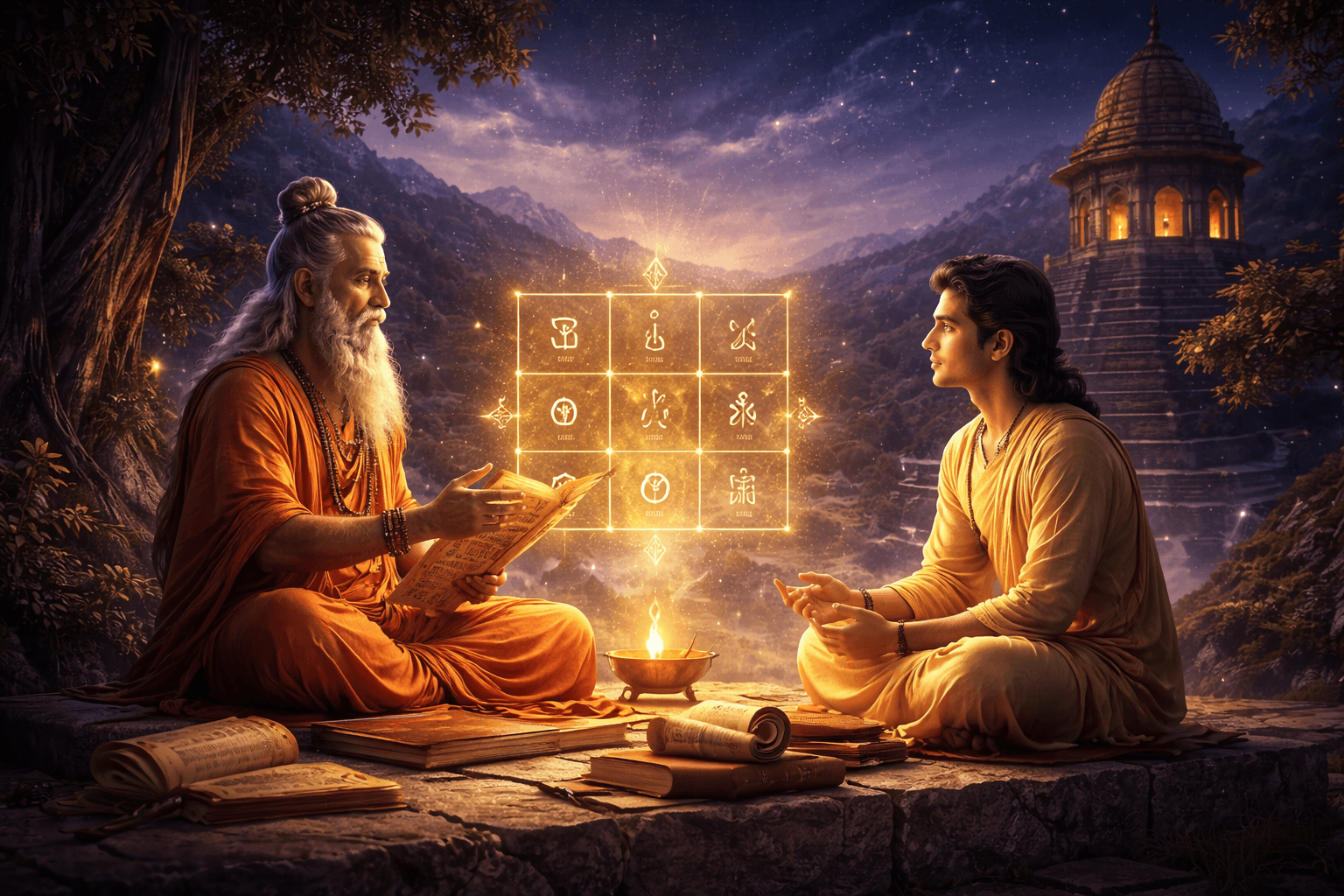 Vedic sage and student studying an Ashtakvarga chart under a starry temple sky