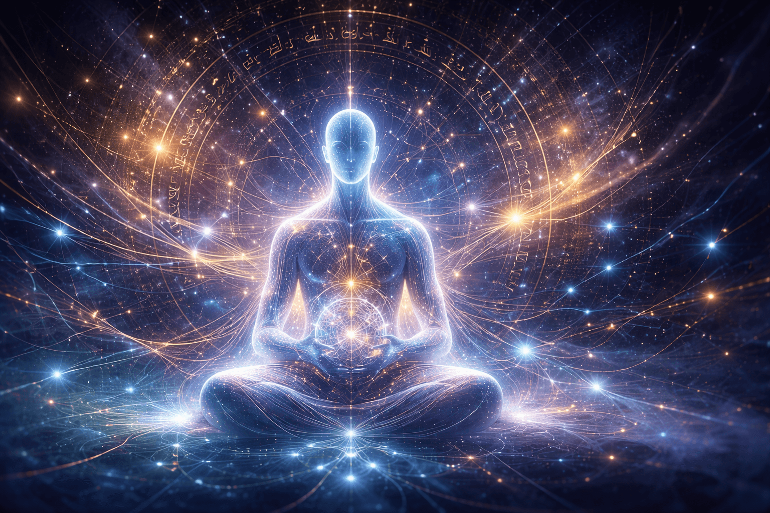 Cosmic meditating figure radiating Sanskrit energy — ChitraGupt AI